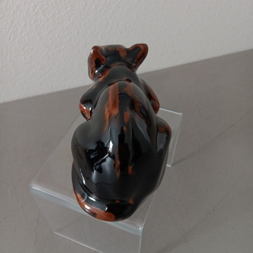 Crouching Calico Cat Figurine Drip Glazed Ceramic 8" Long Hunter Black Brown MCM - Picture 6 of 12